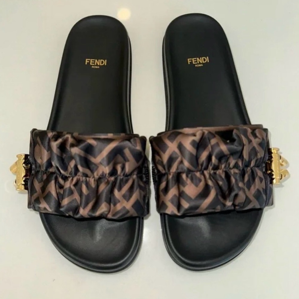 Fendi Black and Brown Patterned Slide Sandals